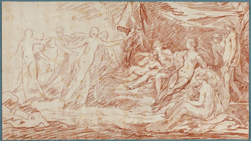 The Bath of Diana, c. 1738, Pierre Charles Trémolières, French, 1703-1739, France, Red chalk on ivory laid paper, laid down on cream laid paper, 230 × 411 mm