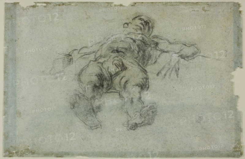 Reclining Male Nude, Foreshortened, 1562, Jacopo Robusti, called Tintoretto, Italian, 1519-1594, Italy, Charcoal, heightened with white chalk, on blue laid paper (faded to bluish gray), 181 x 276 mm (max.)