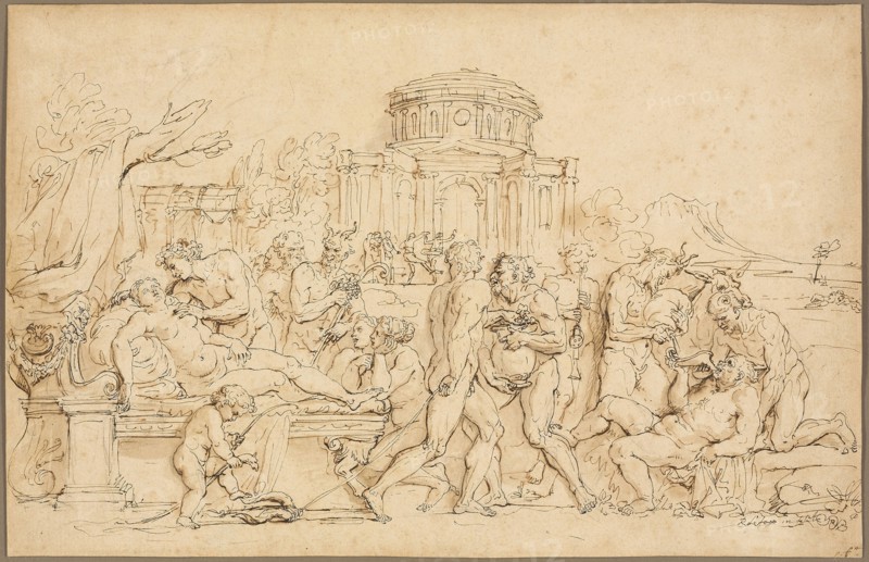 Bacchus and Ariadne, with Silenus, Nymphs and Satyrs, n.d., Raymond de Lafage, French, 1656-1690, France, Pen and brown ink, with brush and brown wash, over black chalk, on buff laid paper, laid down on cream laid paper, 286 × 443 mm