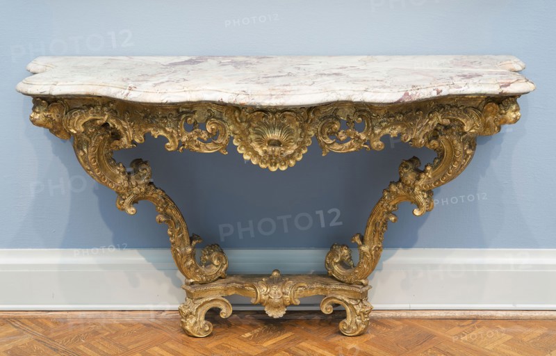 Console Table, c. 1735, Attributed to François Roumier, French, 1701-1748, Paris, France, Wood, oak, gesso, and gilding, 90.2 × 157.5 × 72.4 cm (35 1/2 × 62 × 28 1/2 in.)