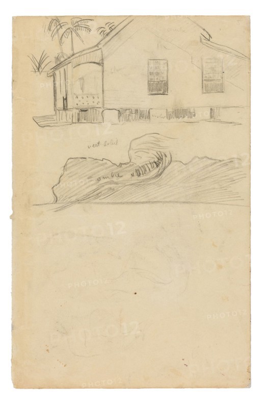 Sketches of Tahitian Residence with Color Notations and Dogs, 1891/93, Paul Gauguin, French, 1848-1903, France, Black fabricated chalk, with black fabricated chalk offset, on cream wove paper (removed from a sketchbook), 313 × 201 mm