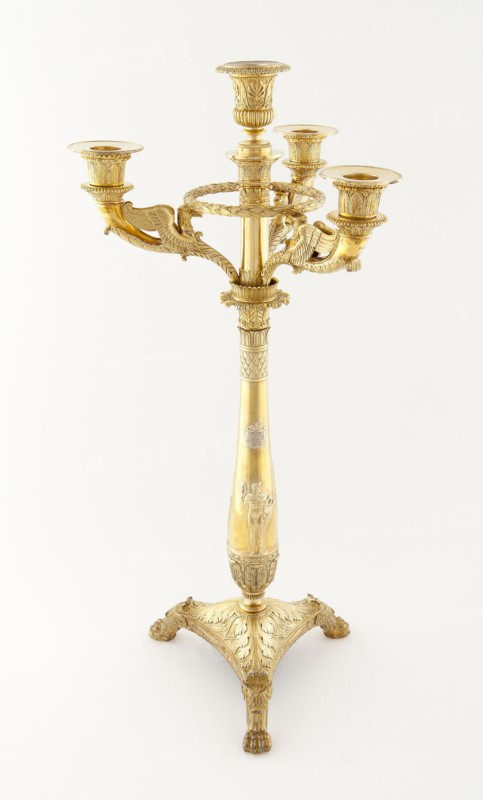Four Light Candelabrum (one of a pair), 1809/19, Martin-Guillaume Biennais, French, 1764-1843, Paris, France, Paris, Silver-gilt, repoussé, cast, applied and chased decoration, gilt bronze, H. 54.6 cm (21 1/2 in.)