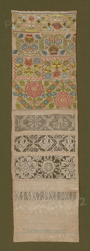 Sampler, 1676, Katherine Veren (English, active c. 1676), England, Linen, plain weave, bands of cut and drawn thread work in interlocking lace and Romanian stitches, bands of linen, needle lace of a type known as "Reticello
