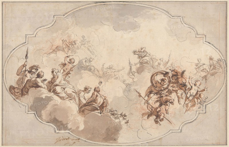 Design for a Ceiling: Apotheosis of Callisto or Diana? (recto), and Sketch of Figures (verso), 1731, Jacob de Wit, Dutch, 1695-1754, Holland, Pen and black ink, with brush and gray and brown wash, over red chalk, partially squared in graphite and red chalk (recto), and red chalk (verso), on ivory laid paper, 203 x 319 mm
