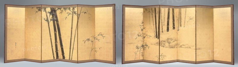 Bamboo, early 19th century, Kishi Ganku, Japanese, 1749-1838, Japan, Pair of six-panel screens, ink and gold leaf on paper, Each 178 x 376 cm (70 x 148 in.)