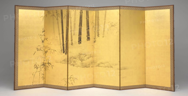 Bamboo, early 19th century, Kishi Ganku, Japanese, 1749-1838, Japan, Pair of six-panel screens, ink and gold leaf on paper, 178 x 376 cm (70 x 148 in.)
