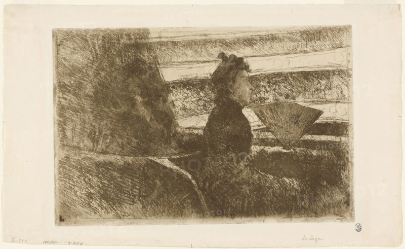 Lady in Black, in a Loge, Facing Right, c. 1881, Mary Cassatt, American, 1844-1926, United States, Soft ground etching and aquatint on cream laid paper, 194 x 306 mm (image/plate), 248 x 402 mm (sheet)