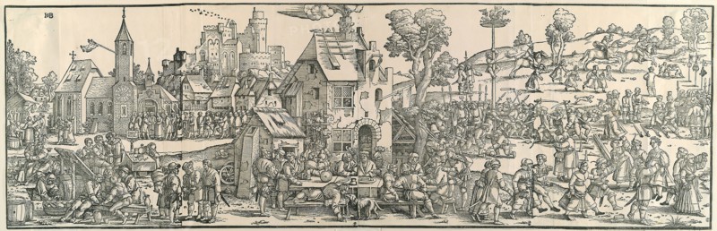 The Large Village Fair, 1535, Sebald Beham, German, 1500-1550, Germany, Woodcut from four blocks on ivory laid paper, 367 x 1149 mm (image/sheet), cut within block mark