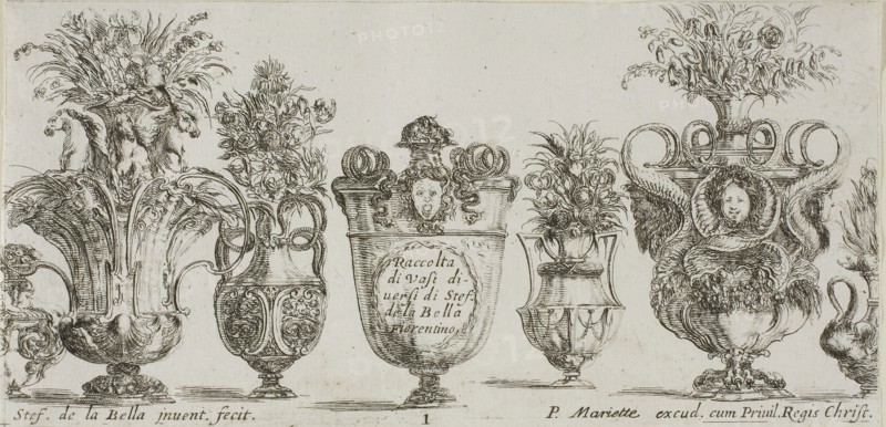 Plate One from Collection of Various Vases, before 1648, Stefano della Bella, Italian, 1610-1664, Italy, Etching on ivory laid paper, 90 x 186 mm (image/sheet, cut within platemark)