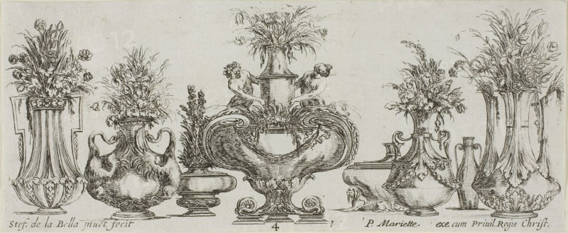 Plate Four from Collection of Various Vases, before 1648, Stefano della Bella, Italian, 1610-1664, Italy, Etching on ivory laid paper, 83 x 204 mm (image/sheet, cut within platemark)