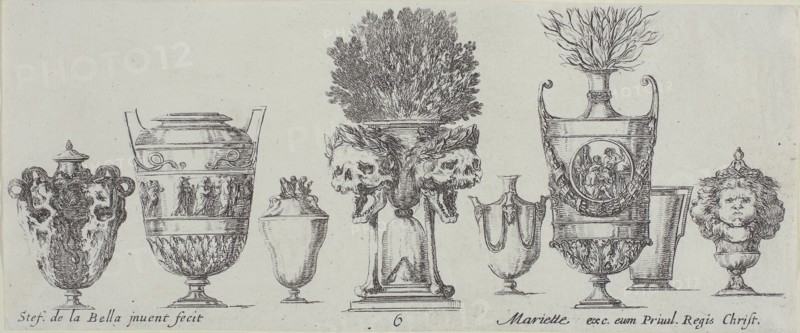 Plate Six from Collection of Various Vases, before 1648, Stefano della Bella, Italian, 1610-1664, Italy, Etching on ivory laid paper, 83 x 203 mm (image/sheet, cut within platemark)