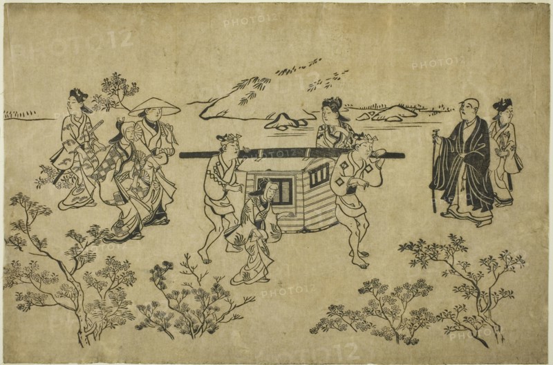 A Passing Palanquin, from the series Scenes of Flower-viewing at Ueno (Ueno hanami no tei), c. 1681/84, Hishikawa Moronobu, Japanese, (?)-1694, Japan, Woodblock print, oban, sumizuri-e, 27.1 × 40.9 cm