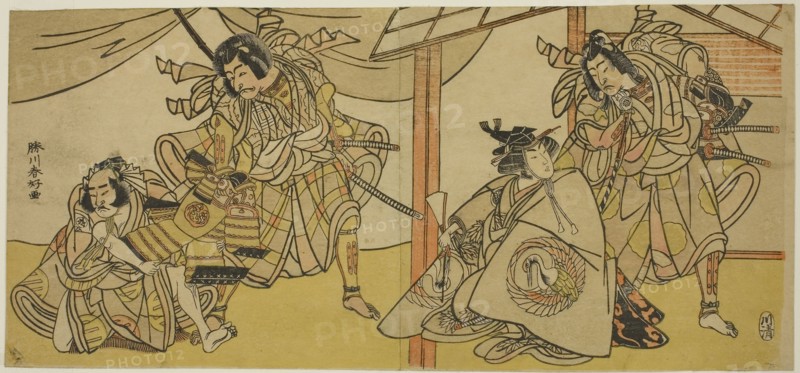 Right-Hand Page: The Actors Bando Hikosaburo III as Soga no Goro (right), and Segawa Kikunojo IV as Onna Asahina (left), in the Play Ume-goyomi Akebono Soga, Left-hand Sheet: The Actors Onoe Matsusuke I as Furugori Shinzaemon (left), and Ichikawa Danjuro V and Kagekiyo (right) in the Play Hatsumombi Kuruwa Soga, Performed at the Nakamura Theater in the First Month, 1780, c. 1780, Katsukawa Shunko I, Japanese, 1743-1812, Japan, Color woodblock print, double-page illustration from a theatrical picture-book, 15 x 32.3 cm (5 7/8 x 12 11/16 in.)