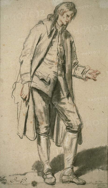 Study of a Groom, c. 1760, Jean-Baptiste Greuze, French, 1725-1805, France, Black chalk, with stumping and black crayon, red and brown chalk, heightened with white chalk, on buff laid paper, laid down on cream laid paper, 507 × 294 mm