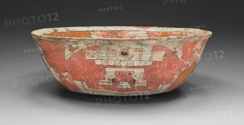 Bowl Depicting a Ritual Figure and Flaming Torches, A.D. 300/600, Teotihuacan, Teotihuacan, Mexico, Valley of Mexico, Ceramic, plaster, and pigment, Diam. 22.5 cm (8 7/8 in.)