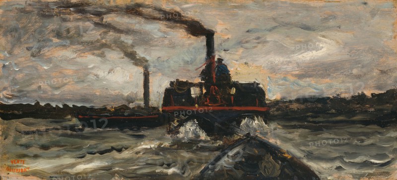 River Boat, c. 1860, Charles François Daubigny, French, 1817-1878, France, Oil on board, 8 1/4 × 17 7/8 in. (21.2 × 45.4 cm), unframed