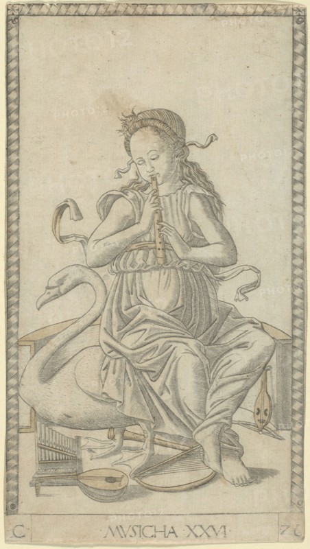 Music, plate 26 from Arts and Sciences, c. 1465, Master of the E-Series Tarocchi, Italian, active c. 1465, Italy, Engraving, with brush and light yellow metallic wash, on ivory laid paper, 179 x 100 mm