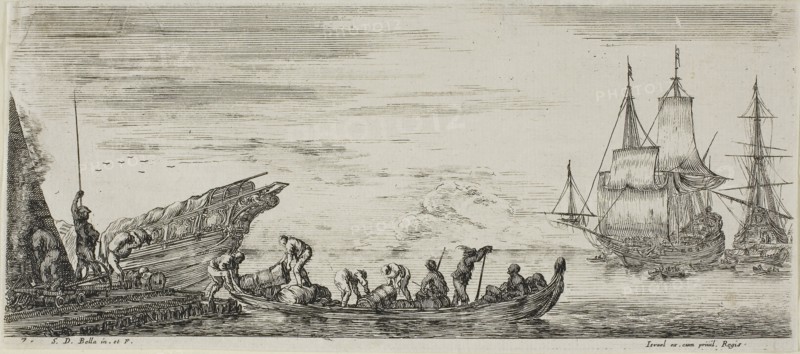 Plate One from Various Embarkments, n.d., Stefano della Bella, Italian, 1610-1664, Italy, Etching on ivory laid paper, 75 x 162 mm (image/plate), 77 x 165 mm (sheet)
