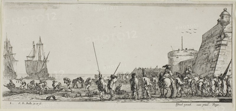 Plate Two from Various Embarkments, n.d., Stefano della Bella, Italian, 1610-1664, Italy, Etching on ivory laid paper, 76 x 164 mm (image), 83 x 171 mm (sheet, trimmed within platemark)