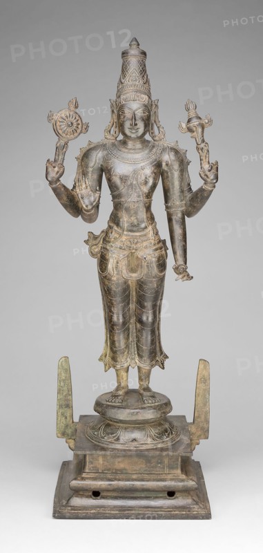 Four-Armed God Vishnu Holding Discus and Conch, Vijayanagar period, 15th century, India, Tamil Nadu, Thanjavur, Thanjavur, Bronze, 85.9 × 31.2 × 28.2 cm (33 7/8 × 12 9/16 × 11 1/8 in.)