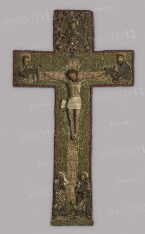 Orphrey Cross (Needlework), 1475/1500, Southern Germany, Southern Germany, Silk, satin weave underlaid with linen, plain weave, appliquéd with silk, satin weave, linen and silk, plain weave with supplementary pile warps forming cut solid velvet, and three-dimensional figures of silk, satin weave, linen, plain weave, and silk, plain weave, embroidered with silk, linen, gilt-metal-strip- and wire-wrapped silk in satin stitch, couching, padded couching, and French knots, painted, glass beads and semi-precious stones, 109.2 x 61.2 cm (43 x 24 1/8 in.)