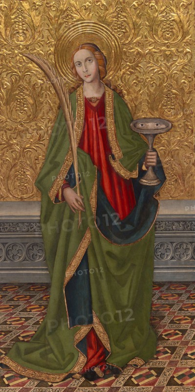 Saint Lucy, About 1500, Vergós Workshop, Spanish, documented 1439–1503, Spain, Oil and gold on panel, Panel: 175.8 × 93.7 cm (69 1/4 × 36 7/8 in.), Painted Surface: 168.6 × 84.6 cm (65 7/8 × 33 3/8 in.)