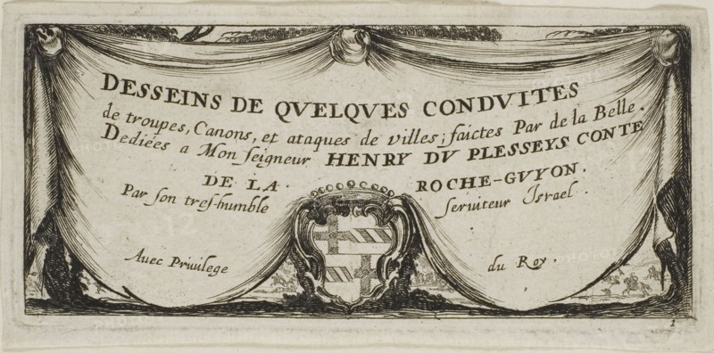 Frontispiece to Drawings of Several Movements by Soldiers, 1644, Stefano della Bella, Italian, 1610-1664, Italy, Etching on ivory laid paper, 54 x 124 mm (image), 58 x 129 mm (plate), 64 x 134 mm (sheet)