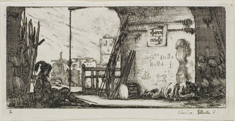 Plate Two from Drawings of Several Movements by Soldiers, 1644, Stefano della Bella, Italian, 1610-1664, Italy, Etching on ivory laid paper, 56 x 122 mm (image), 62 x 126 mm (plate), 66 x 130 mm (sheet)