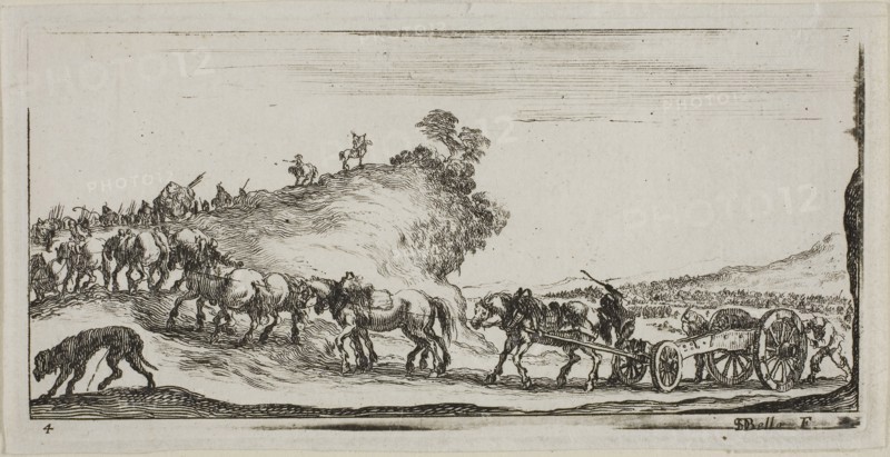 Plate Four from Drawings of Several Movements by Soldiers, 1644, Stefano della Bella, Italian, 1610-1664, Italy, Etching on ivory laid paper, 59 x 122 mm (image), 62 x 126 mm (plate), 66 x 130 mm (sheet)