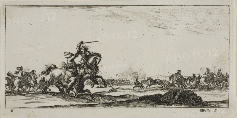 Plate Six from Drawings of Several Movements by Soldiers, 1644, Stefano della Bella, Italian, 1610-1664, Italy, Etching on ivory laid paper, 56 x 122 mm (image), 61 x 125 mm (plate), 64 x 129 mm (sheet)