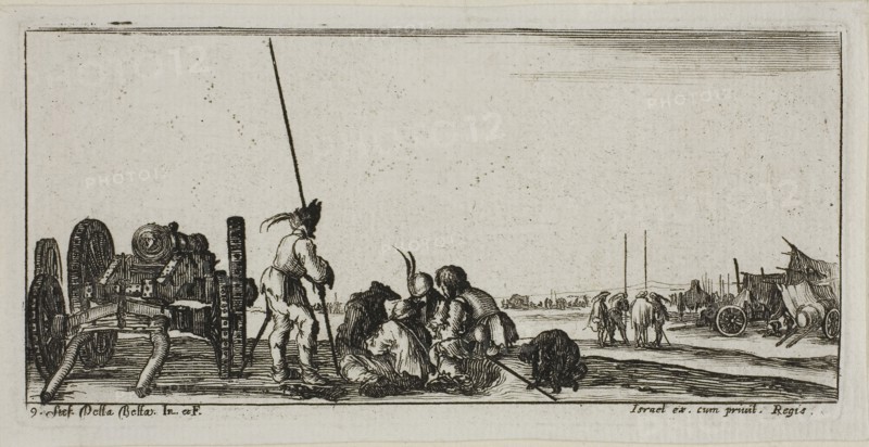 Plate Nine from Drawings of Several Movements by Soldiers, 1644, Stefano della Bella, Italian, 1610-1664, Italy, Etching on ivory laid paper, 56 x 123 mm (image), 61 x 125 mm (plate), 67 x 132 mm (sheet)