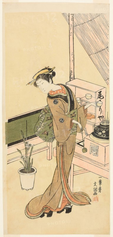 Waitress at the Owariya Teahouse, c. 1768, Ippitsusai Buncho, Japanese, active c. 1755-90, Japan, Color woodblock print, hosoban, 32.7 x 15.5 cm (12 7/8 x 6 1/8 in.)