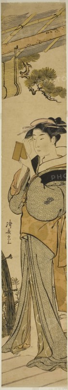 Geisha Applying Makeup, c. 1781, Torii Kiyonaga, Japanese, 1752-1815, Japan, Color woodblock print, hashira-e, 68.7 x 11.5 cm
