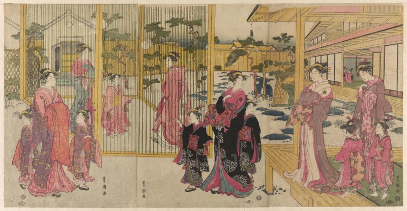 Courtesans of the Chojiya and their attendants playing kemari, c. 1791/93, Utagawa Toyokuni I ?? ?? ??, Japanese, 1769–1825, Japan, Color woodblock print, oban triptych