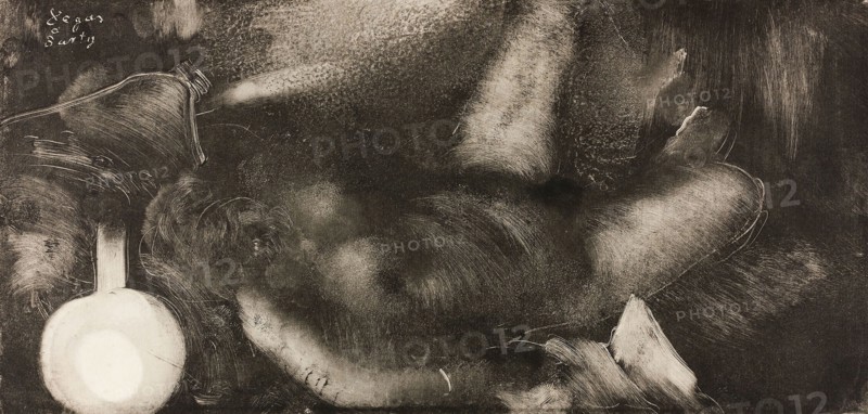 Woman Reclining on Her Bed, c. 1885, Edgar Degas, French, 1834-1917, France, Monotype in black ink on ivory laid paper, 199 × 415 mm (image/plate), 222 × 419 mm (sheet)
