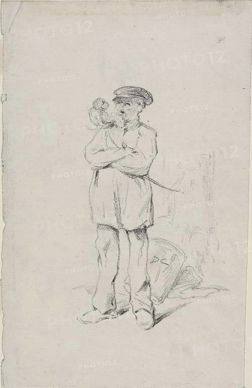 Sailor with a Monkey, n.d., Attributed to Alexandre Gabriel Decamps, French, 1803-1860, France, Black chalk on ivory laid paper, 362 × 235 mm