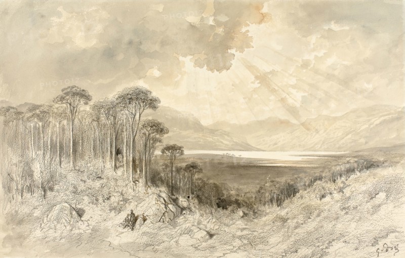 Scottish Landscape, 1873, Gustave Doré, French, 1832-1883, France, Black crayon and brush and brown and gray wash, with touches of pen and black ink, on cream laid paper, laid down on cream board, 281 × 440 mm