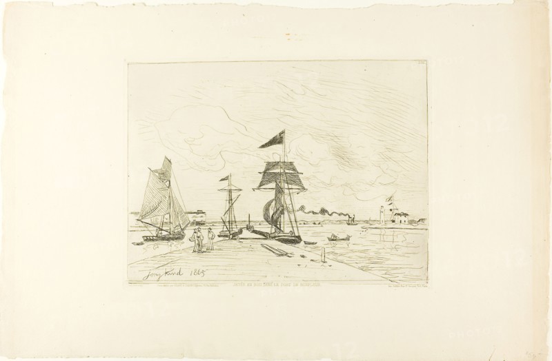 Wooden Pier, Honfleur Port, 1865, published January 1866, Johan Barthold Jongkind, Dutch, 1819-1891, Holland, Etching on cream laid paper, 229 x 307 mm (image), 238 x 314 mm (plate), 369 x 560 mm (sheet)