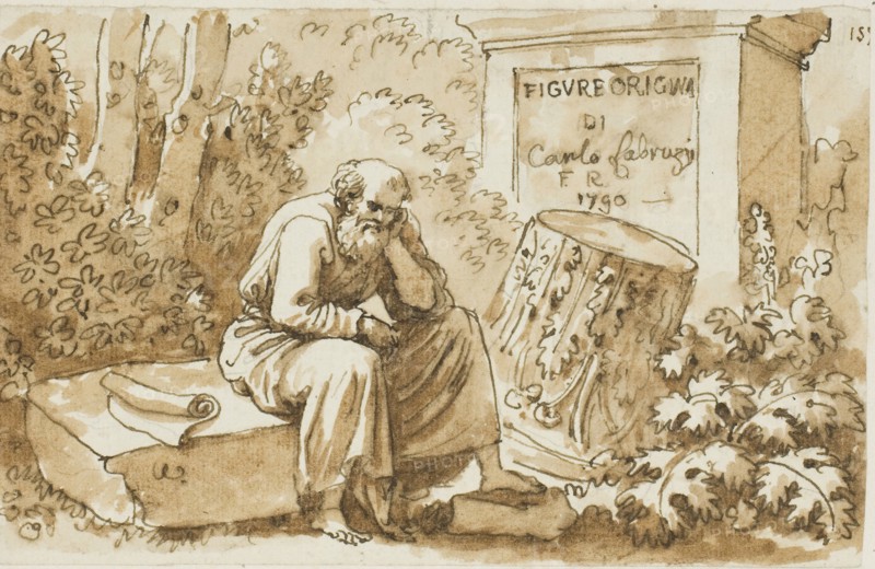 Sketch for Frontispiece to Figure Originali, c. 1790, Carlo Labruzzi, Italian, 1748-1818, Italy, Pen and brown ink, with brush and brown wash, over graphite, on ivory laid paper, laid down on ivory laid paper, 116 x 183 mm