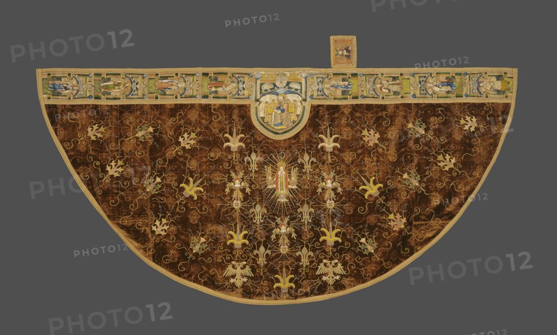 Cope, 1490/1517, with later restoration, England, Silk cut and voided velvet, linen appliqué, silk and gilt metallic thread embroidery, and metal spangles, 160.7 × 291.2 cm (64 1/4 × 114 5/8 in.)