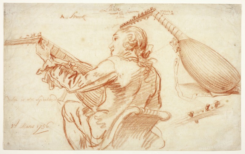 Sketches of a Lute Player and Lute, 1756, Jan Anton Garemyn, Flemish, 1712-1799, Flanders, Red chalk on ivory laid paper, 226 × 366 mm