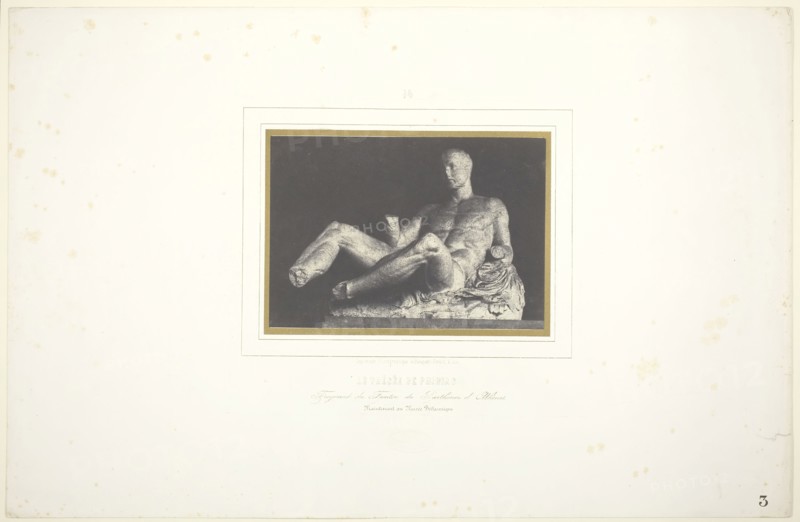 Le Thésée de Phidias/ Fragment du Fronton du Parthenon d’Athènes/ Maintenant au Musée Britannique, 1851, Louis-Désiré Blanquart-Evrard, French, 1802–1872, France, Salted paper print, 13 × 18.8 cm (image/paper), 34.9 × 53.7 cm (mount)
