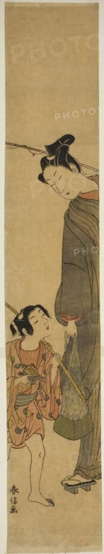 Young Man and Boy Returning from Fishing, c. 1767/68, Suzuki Harunobu ?? ??, Japanese, 1725 (?)-1770, Japan, Color woodblock print, hashira-e