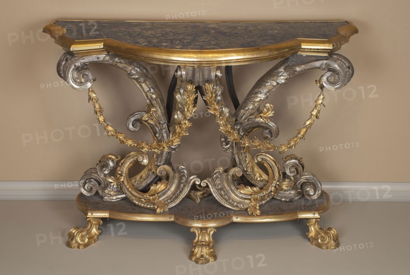 Console Table, c. 1740, Italy, Rome, Rome, Gilded bronze, lapis lazuli, chased and silvered copper, unidentified soft wood, 94 × 141 × 64.1 cm (37 × 55 1/2 × 25 1/4 in.)