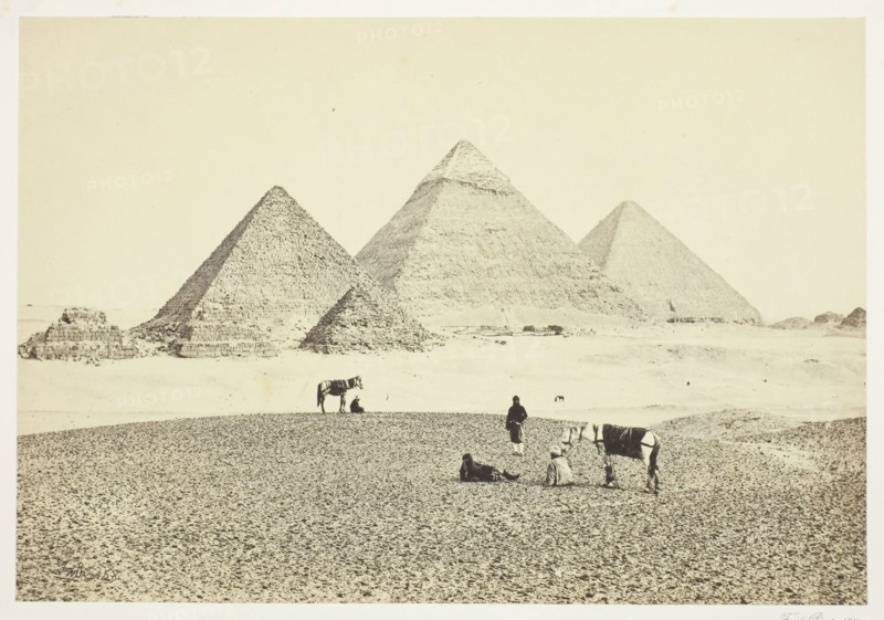 The Pyramids of El Geezeh, from the Southwest, 1857, Francis Frith, English, 1822–1898, England, Albumen print, 15.7 × 22.8 cm (image/paper), 31.8 × 43.4 cm (mount)