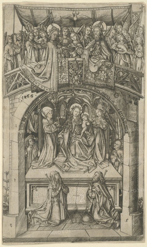 The Large Einsiedeln Madonna, 1466, Master E. S., German, active c. 1450-1467, Germany, Engraving in black on ivory laid paper, 206 x 122 mm (plate), 209 x 125 mm (sheet)