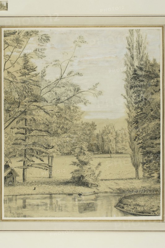River and Park Landscape, 1885/90, Henri Rousseau, style of, French, 1844-1910, France, Pen and black inks and lead white gouache, with graphite on tan wove paper, perimeter mounted on cream card, 300 × 250 mm