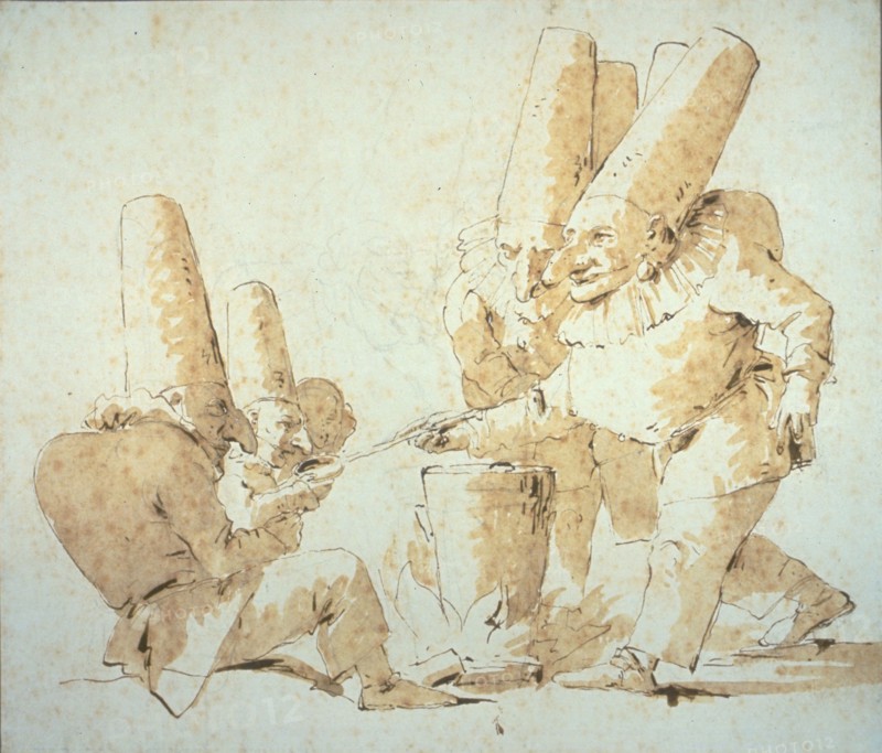 Punchinellos Cooking and Tasting Gnocchi (Punchinellos’ Repast), 1740/52, Giambattista Tiepolo, Italian, 1696-1770, Italy, Pen and brown ink, and brush and brown wash, over a graphite underdrawing, on cream laid paper, 197 x 231 mm
