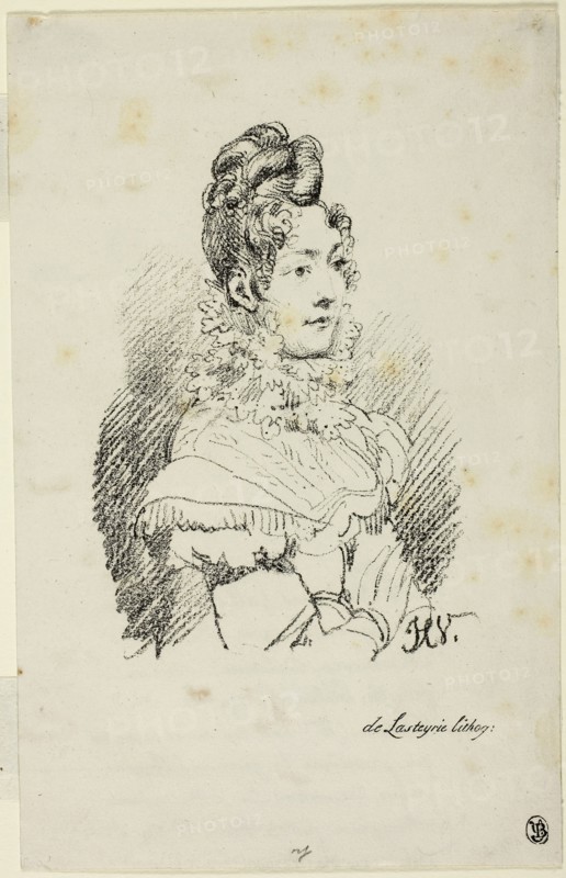 Portrait of Madame Perregaux, 1816, Horace Vernet (French, 1789-1863), printed by Comte Charles Philibert de Lasteyrie (French, 1759-1849), France, Lithograph in black on cream wove paper, 160 × 114 mm (image, to edge of signature), 253 × 162 mm (sheet)