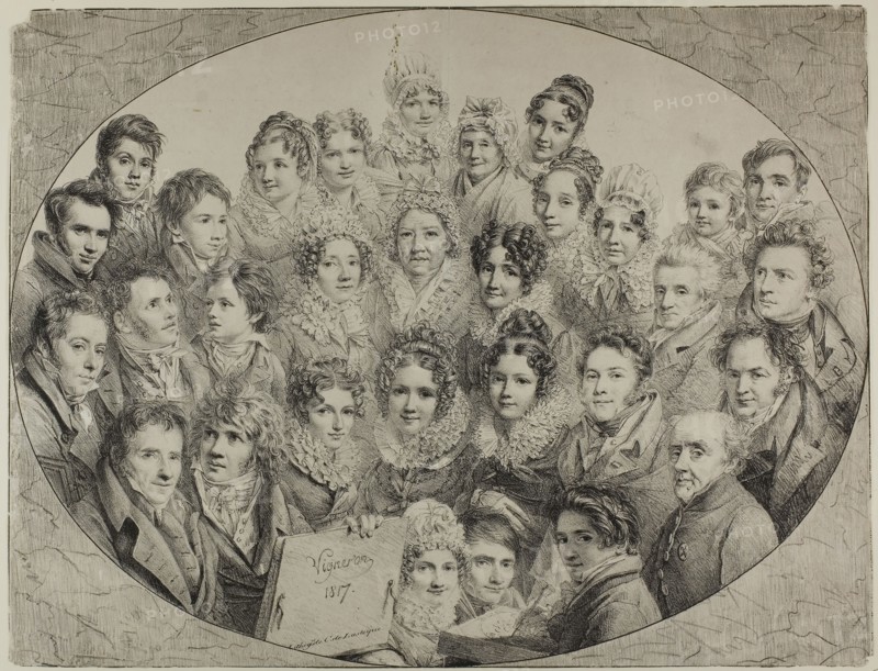 Thirty-one Portraits in an Oval, 1817, Pierre Roch Vigneron (French, 1789-1872), printed by Comte de Charles Philibert Lasteyrie du Saillant (French, 1759-1849), France, Lithograph in black on ivory laid paper, 410 × 536 mm (image), 410 × 536 mm (sheet)